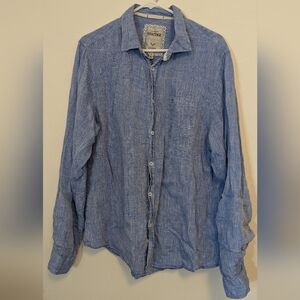 Heritage Report Collection Mens Long Sleeve Blue 100% Linen Coastal Shirt, XL